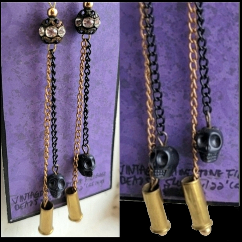 Vtg blk skulls filigree rhinestone bead 22 bullet casing chain ammo earrings NWT